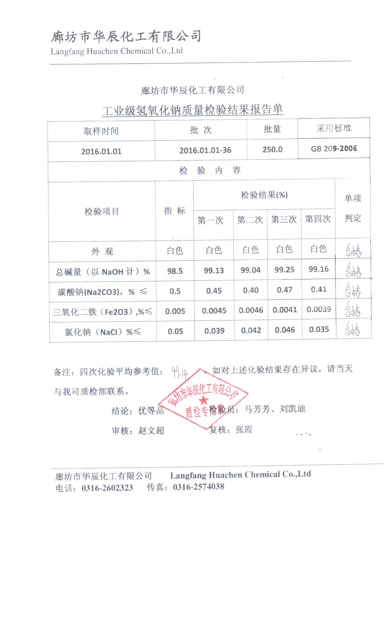 华辰碱业99%片碱检验报告